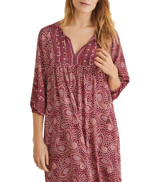 Long Dress with Indian-Inspired Print Maroon