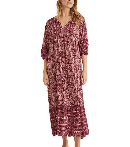 Long Dress with Indian-Inspired Print Maroon