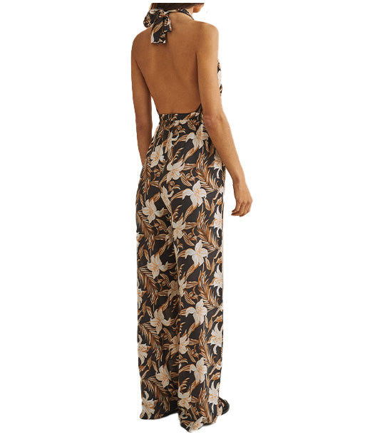 Long Printed Halterneck Jumpsuit Brown
