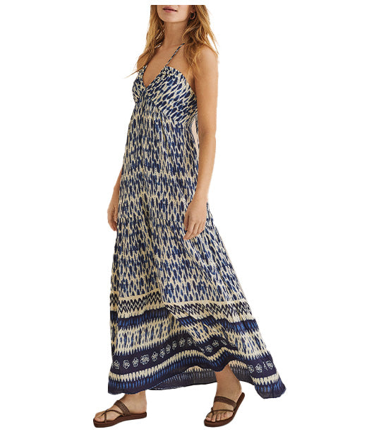 Long Ikat Print Gathered Dress Blue