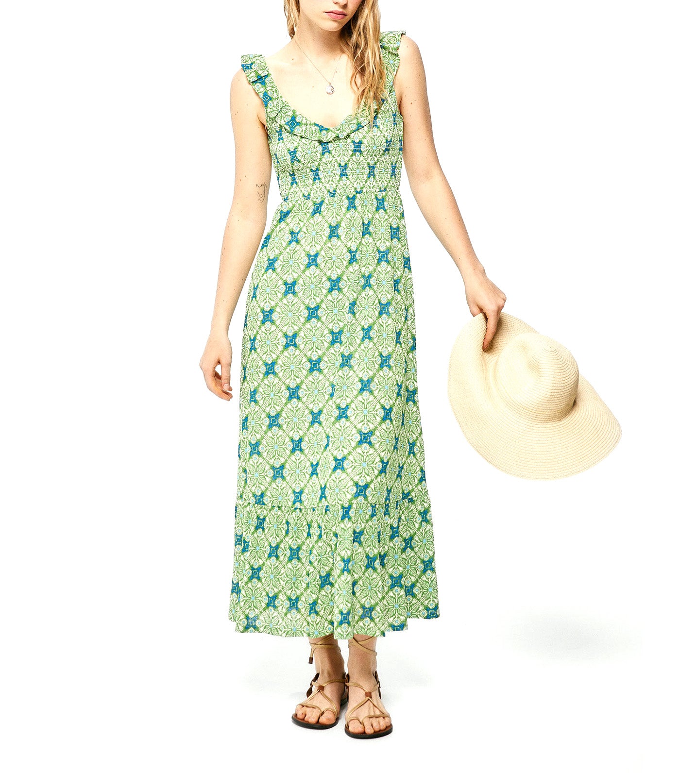 Honeycomb Print Midi Dress Green
