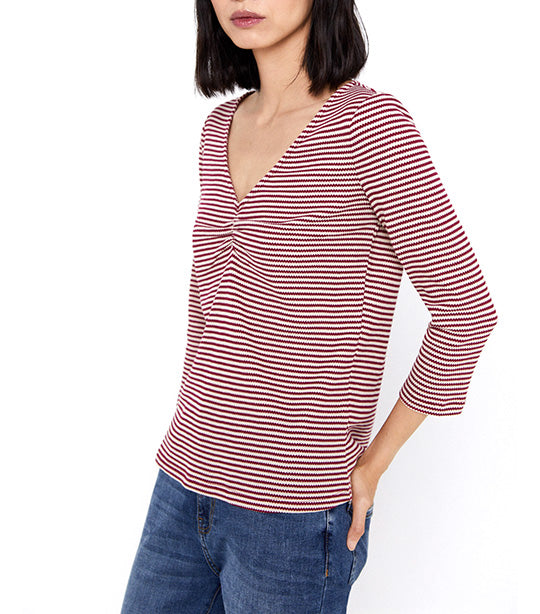 Striped Top with Ruched Detail Wine