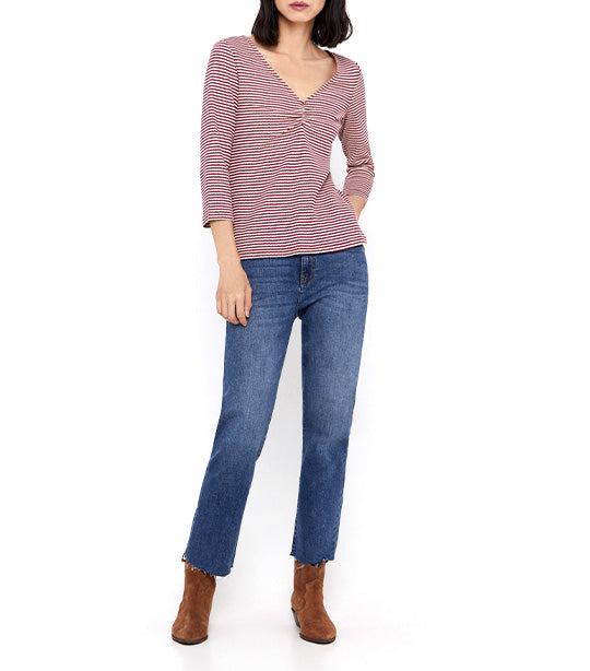 Striped Top with Ruched Detail Wine