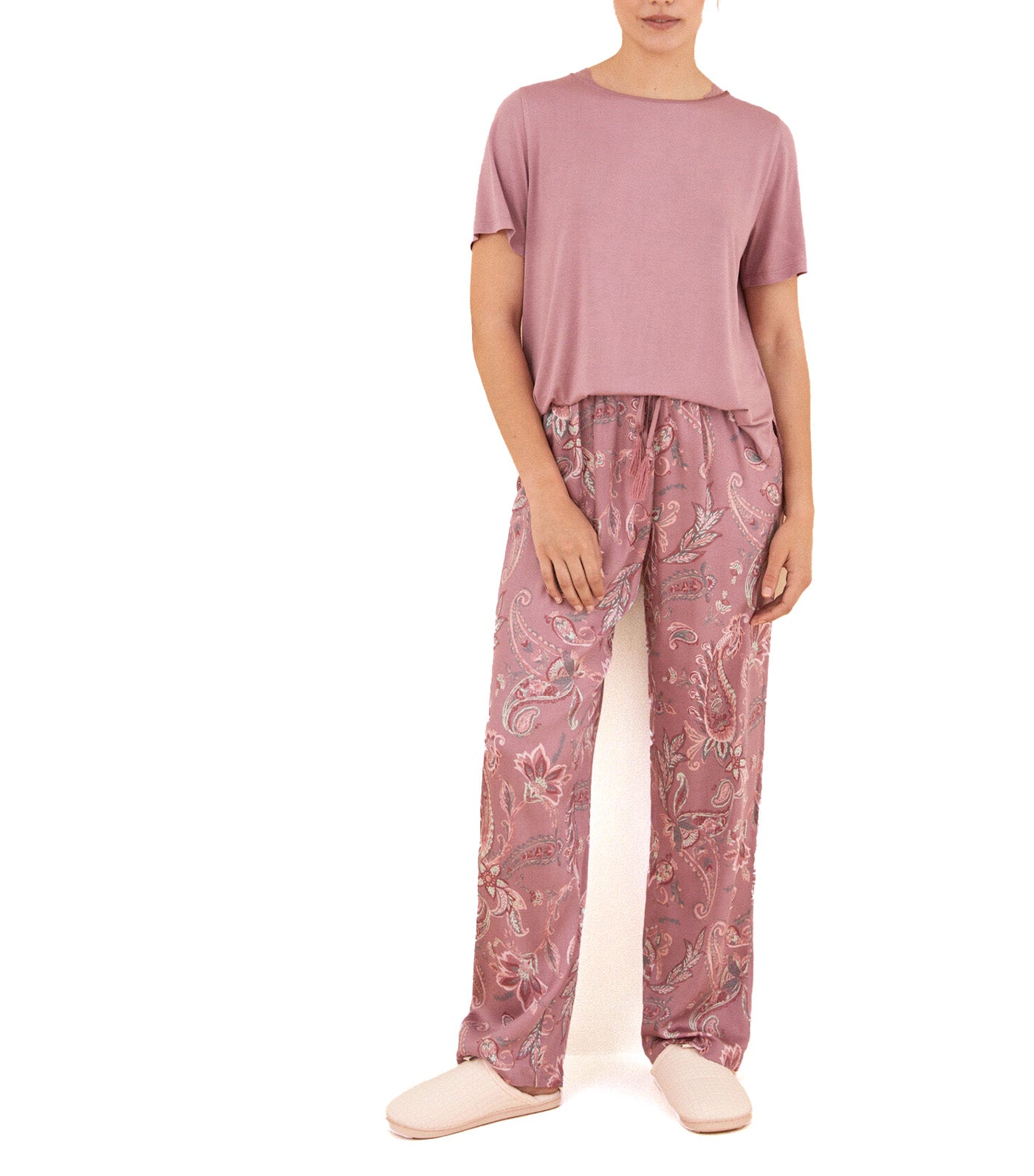 Pink Pajamas Short Sleeve Long Pants Flowers Viscose Satin