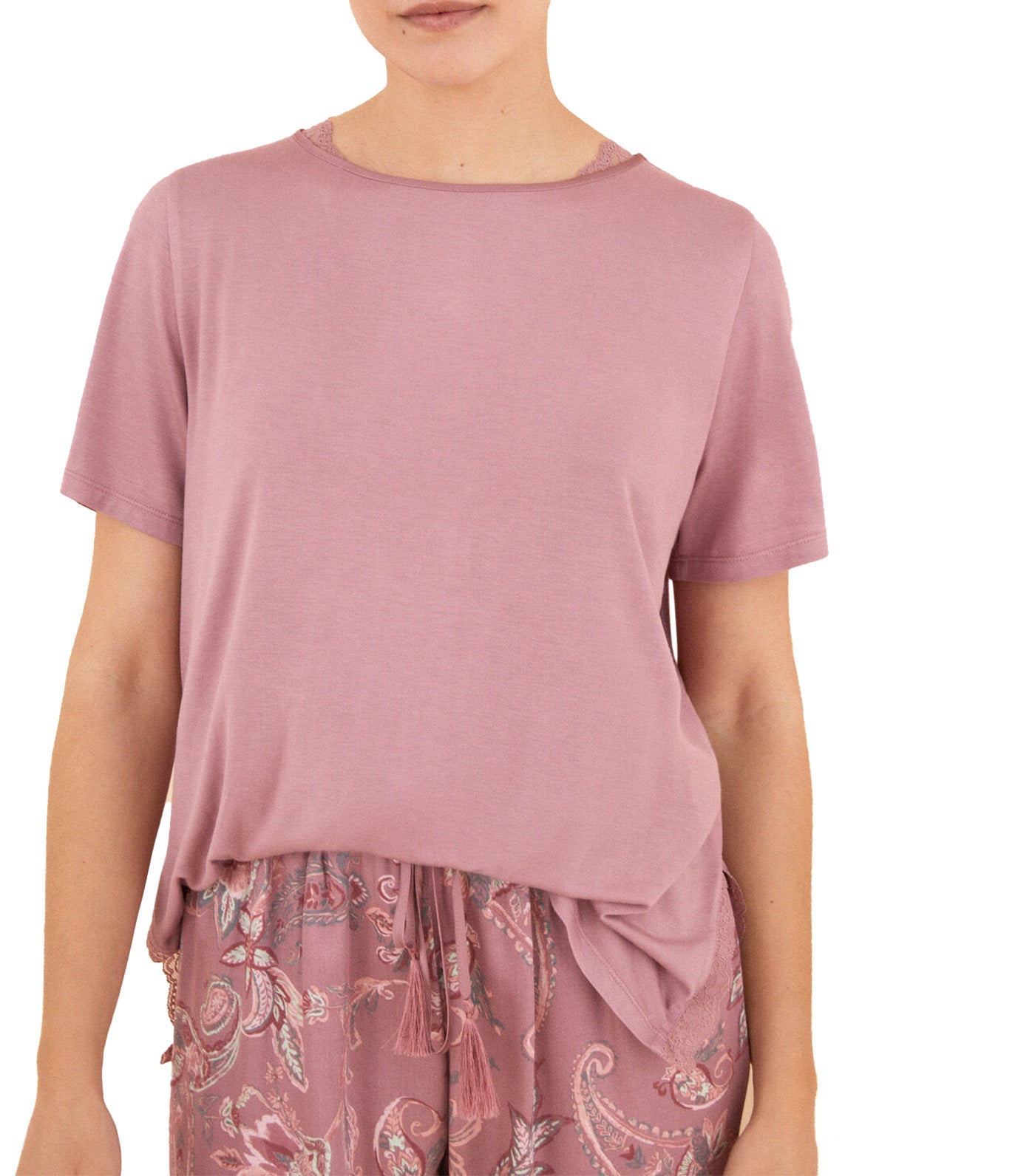 Pink Pajamas Short Sleeve Long Pants Flowers Viscose Satin