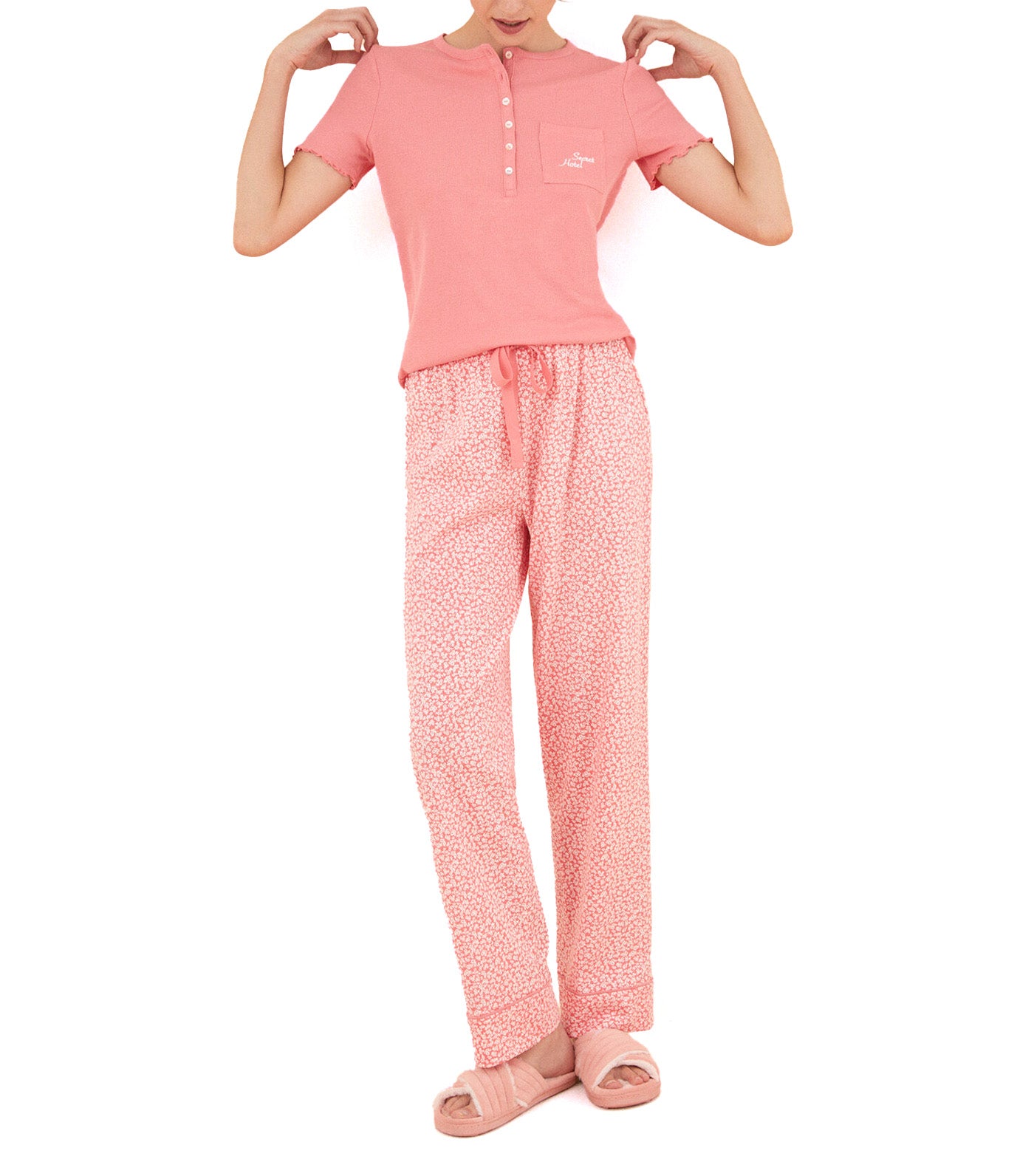 100% Short-Sleeved Multi-Flower Coral Cotton Pajamas