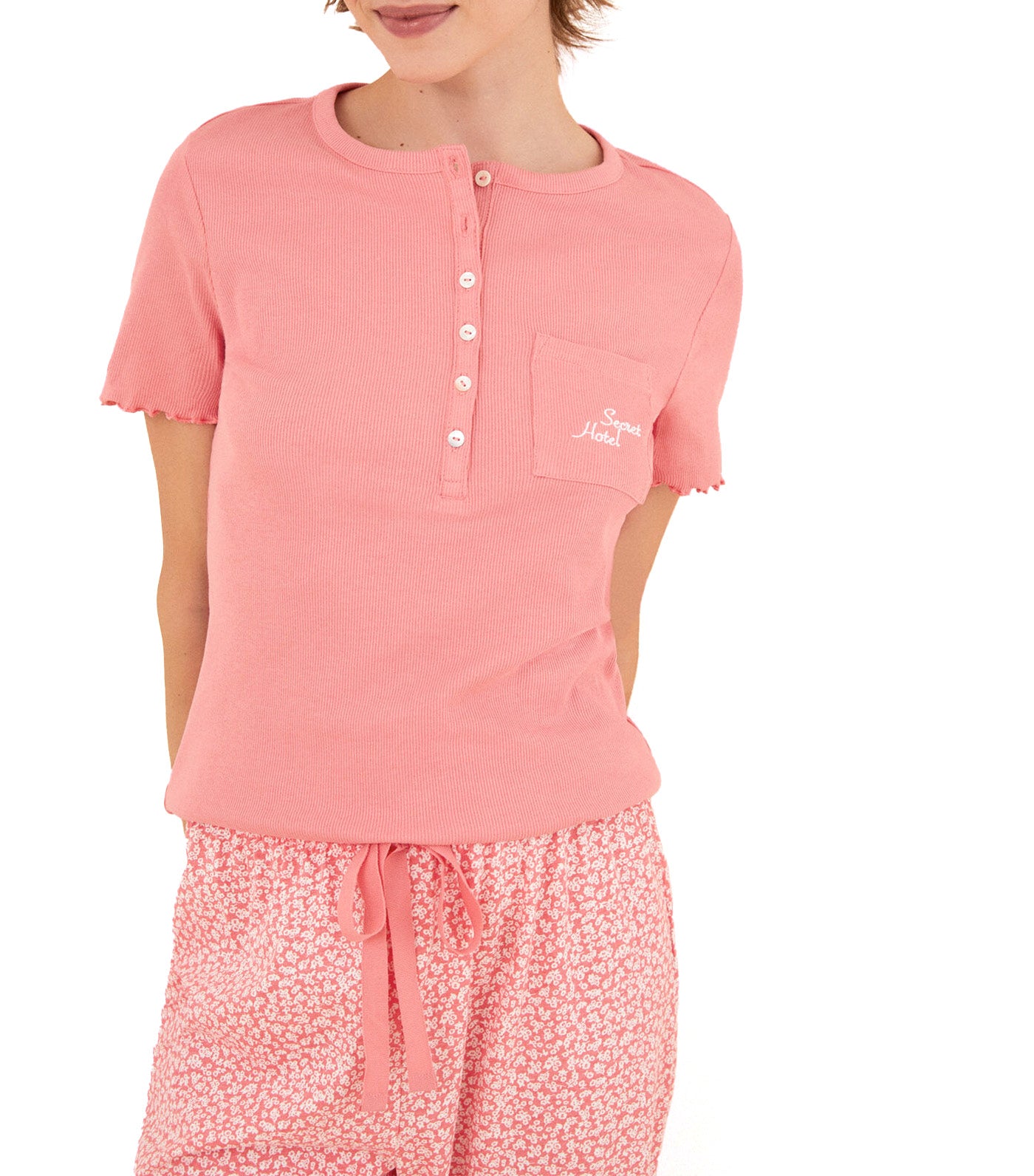 100% Short-Sleeved Multi-Flower Coral Cotton Pajamas