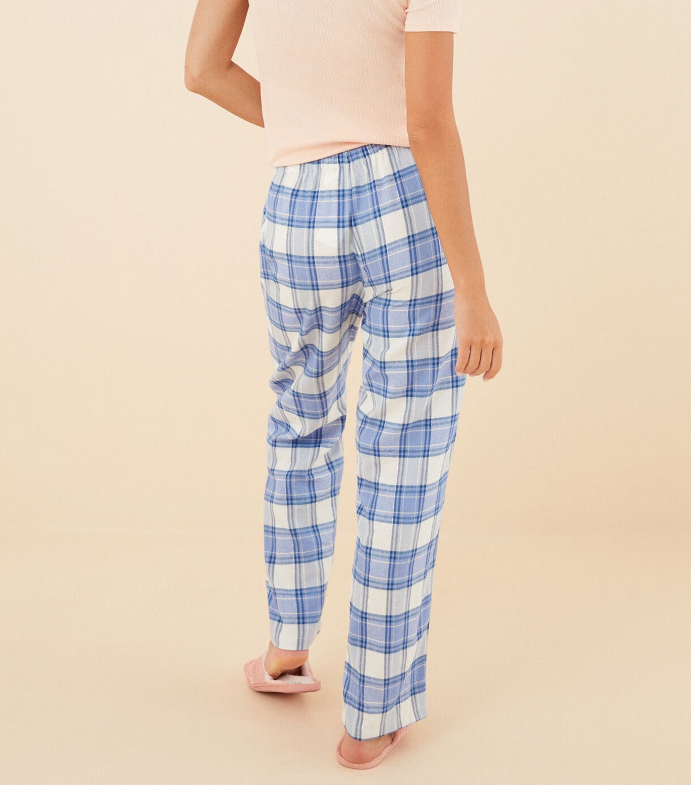 Long Checked Cotton Flannel Pajama Bottoms Blue