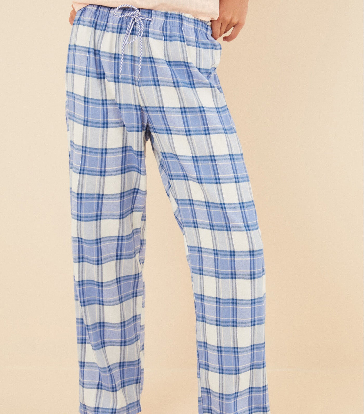 Long Checked Cotton Flannel Pajama Bottoms Blue