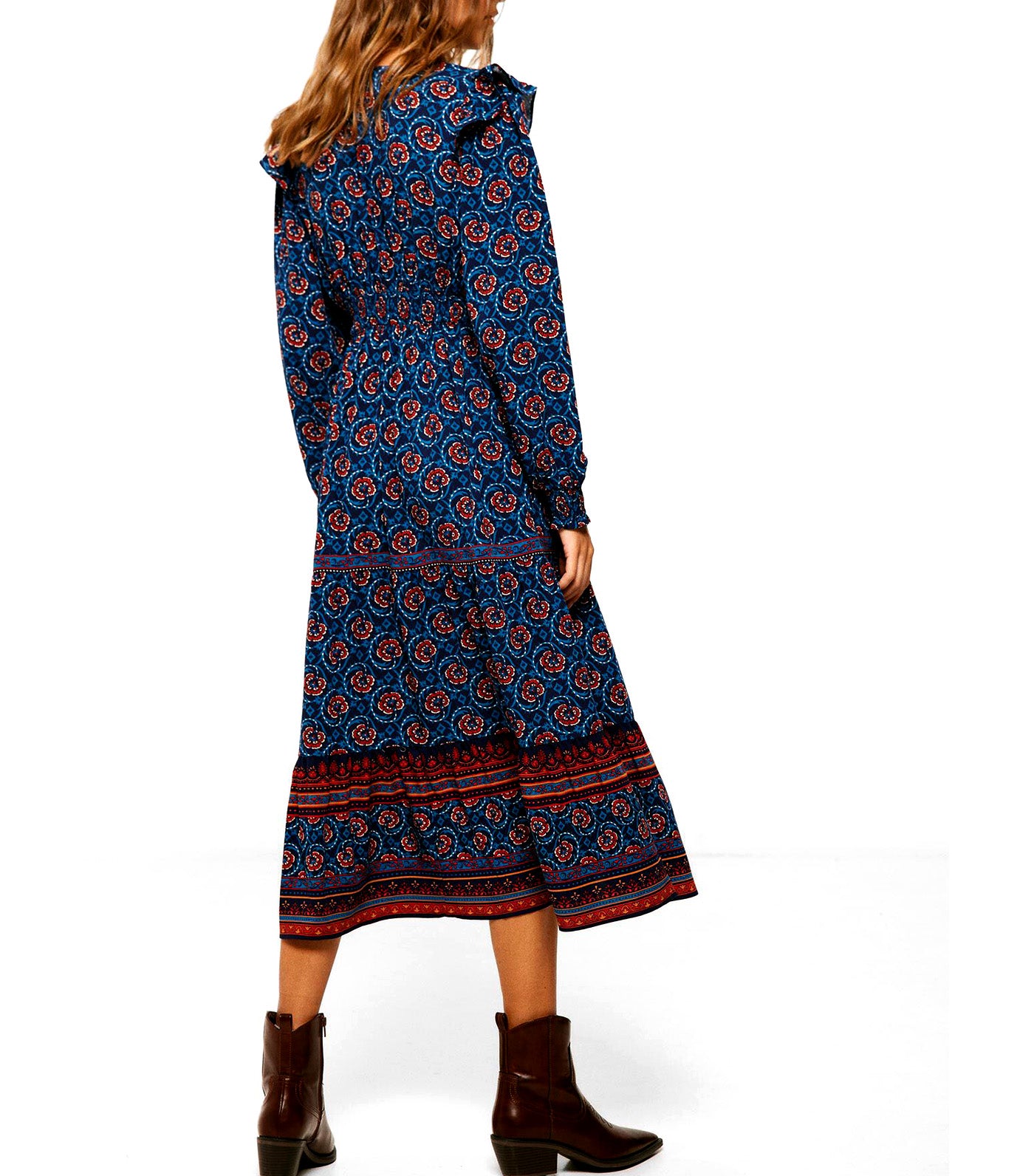 Midi Flower Border Dress Dark Blue