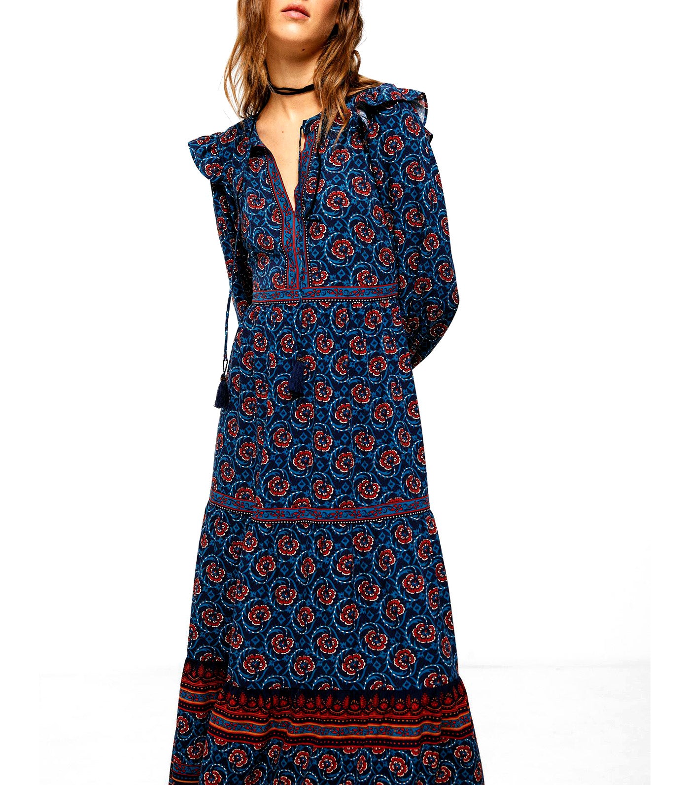 Midi Flower Border Dress Dark Blue