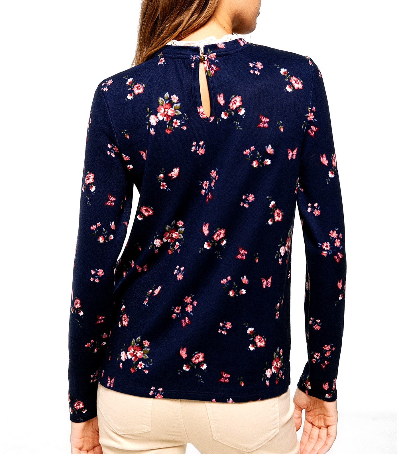Printed Ruffle Neck T-Shirt Navy
