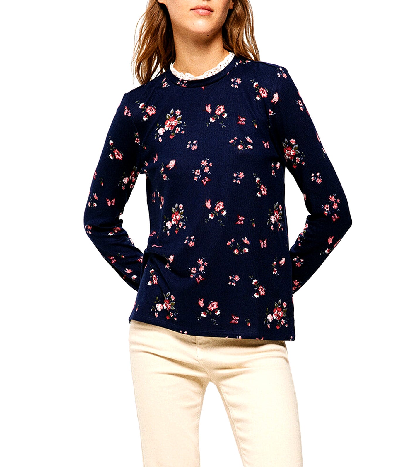 Printed Ruffle Neck T-Shirt Navy