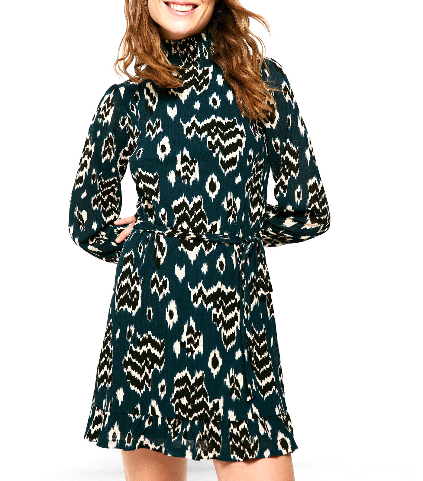 Short Printed Dress With Bow Waist Green