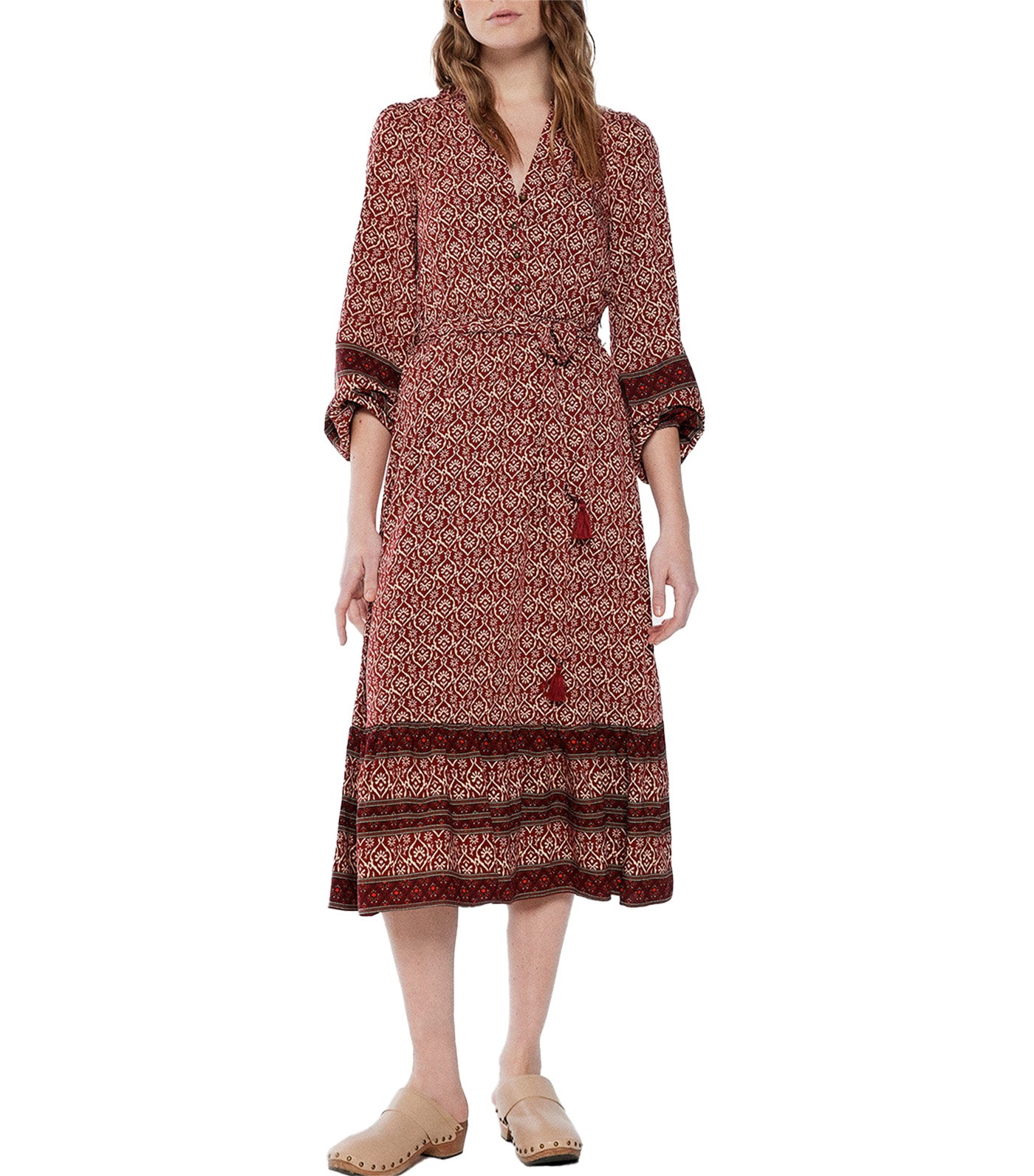 Midi Shirt Dress With Borders Red