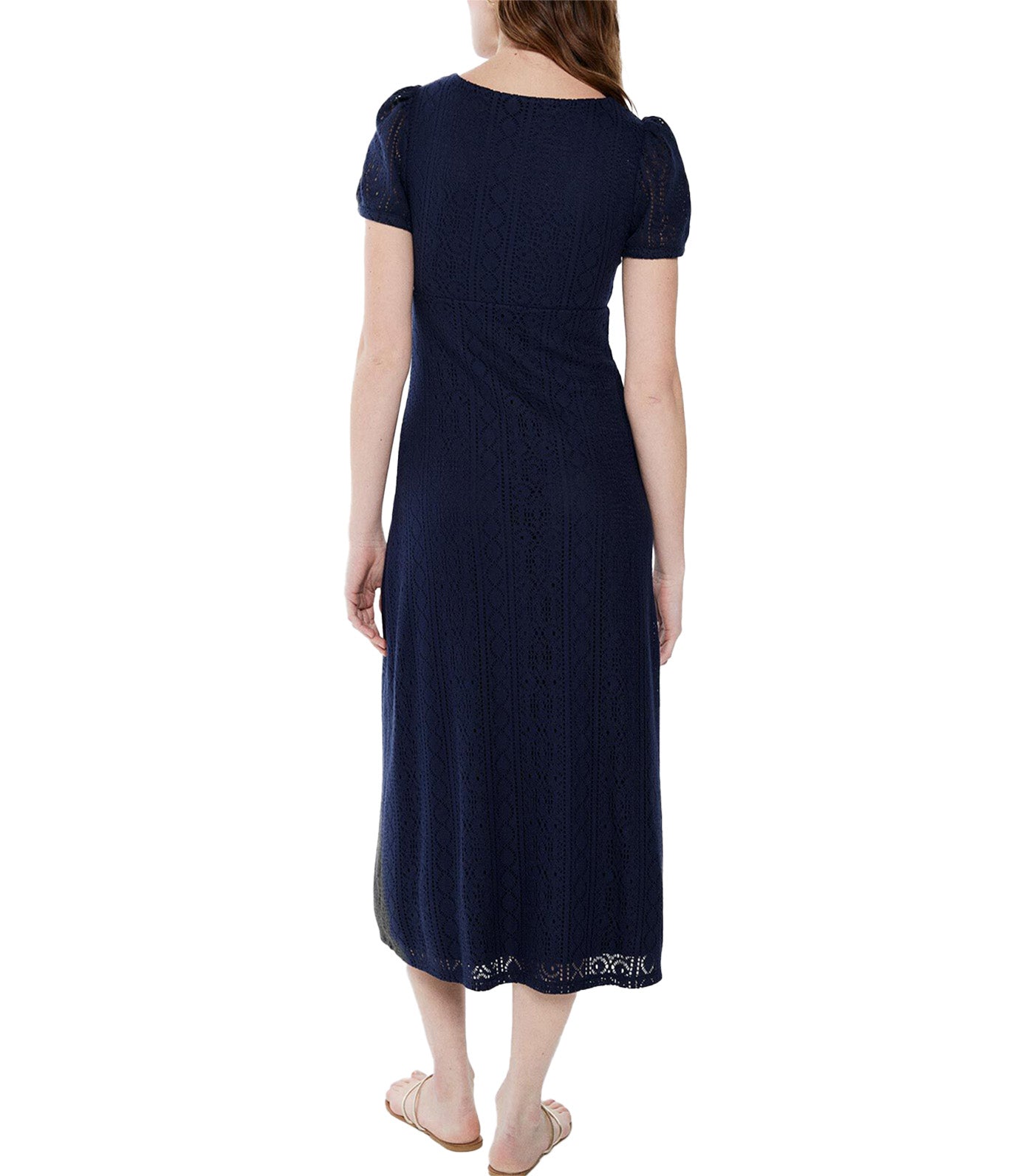 Crochet Midi Dress with Buttons Navy