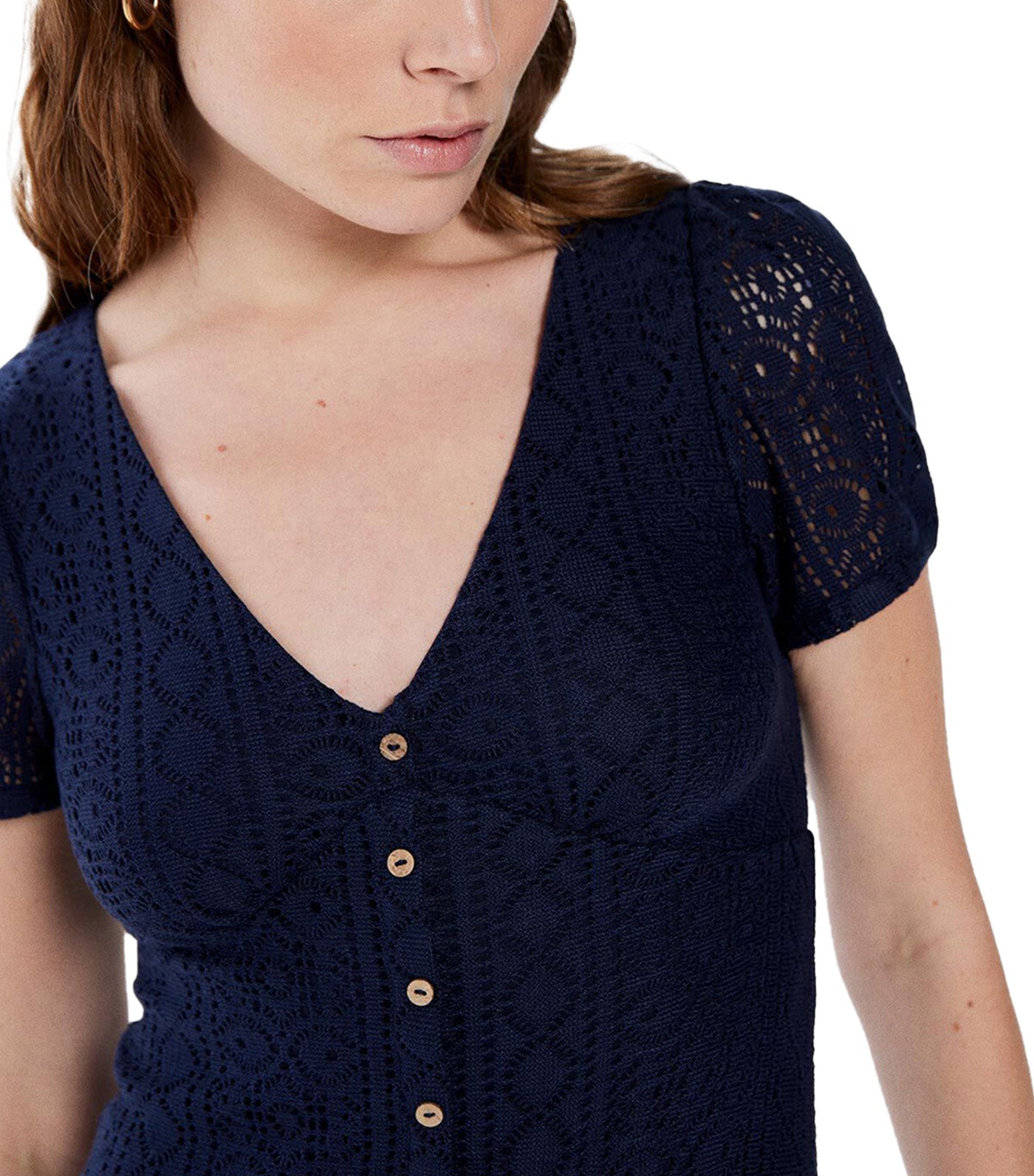 Crochet Midi Dress with Buttons Navy