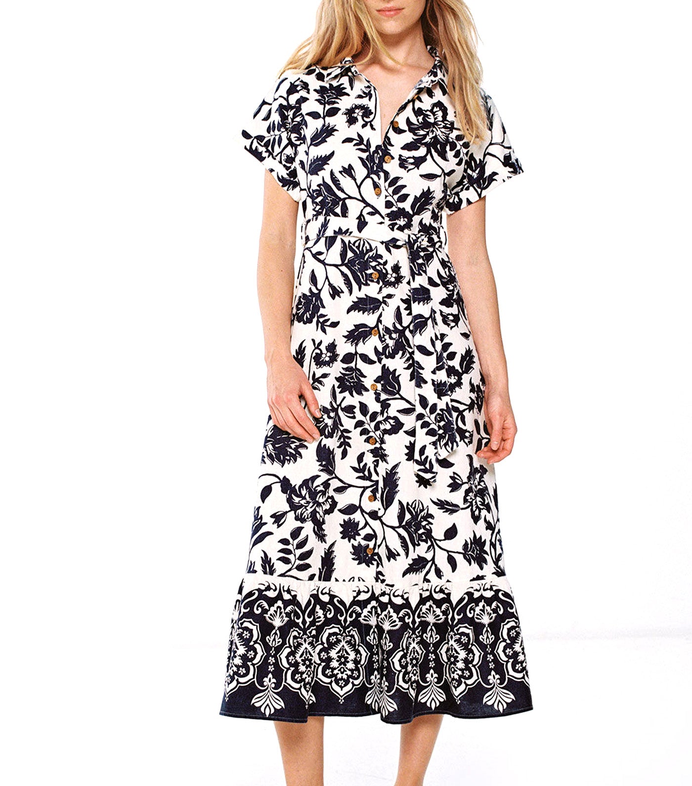 Two-Tone Printed Midi Shirt Dress