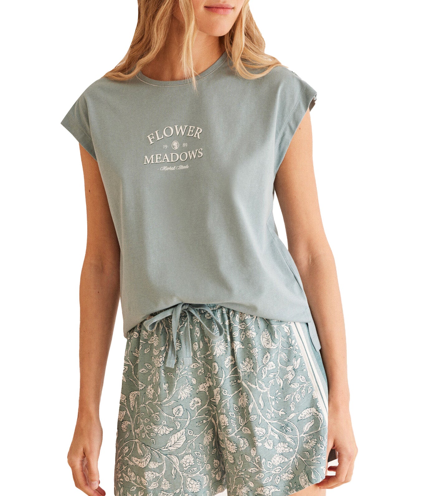 Floral Print Cotton Short Pajamas Blue