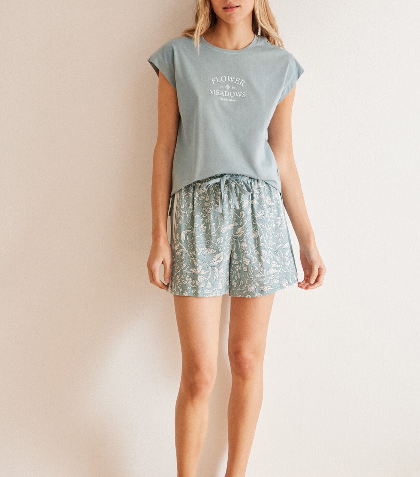 Floral Print Cotton Short Pajamas Blue