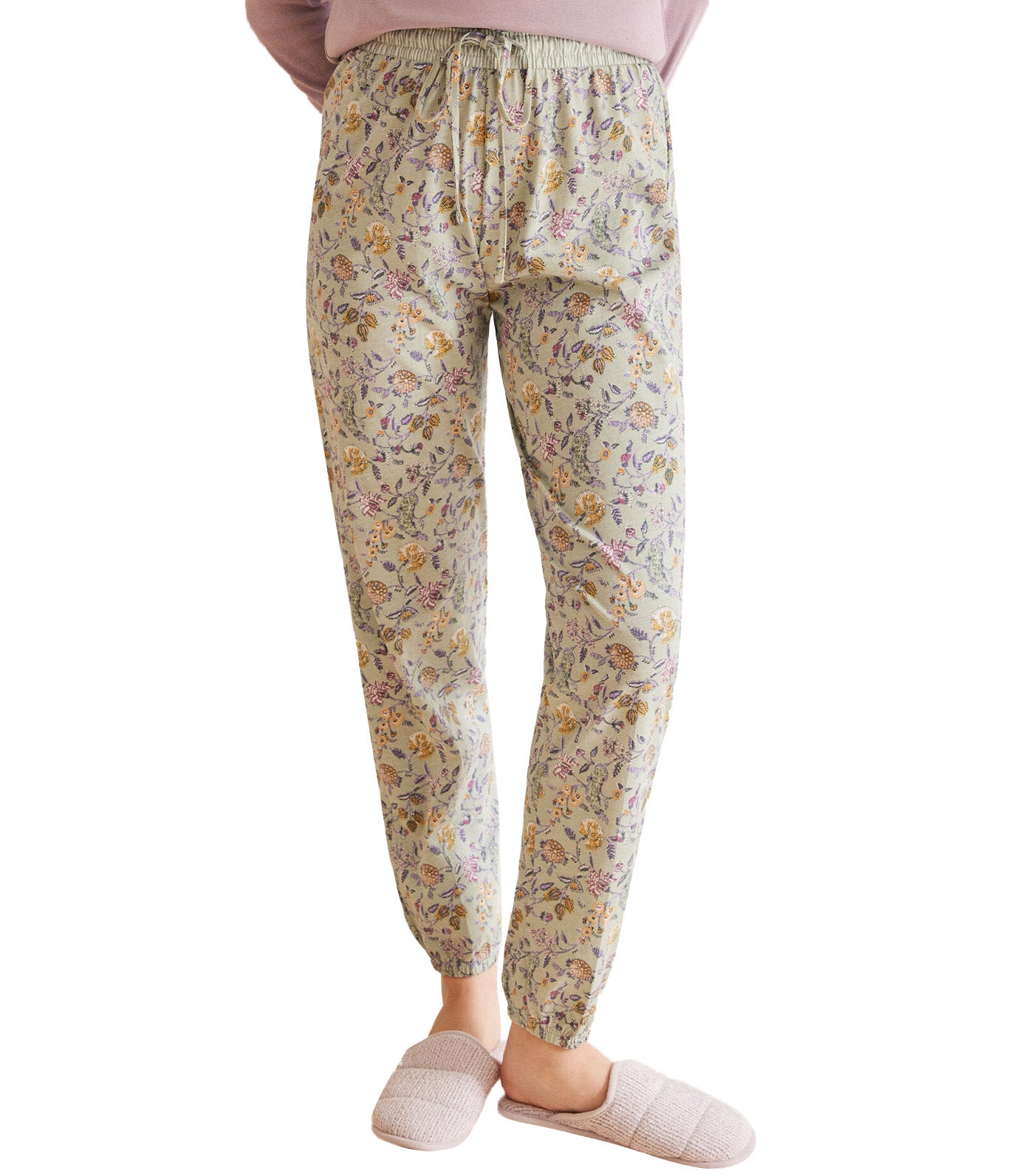 Long Cotton Skinny Floral Pajama Pants Green