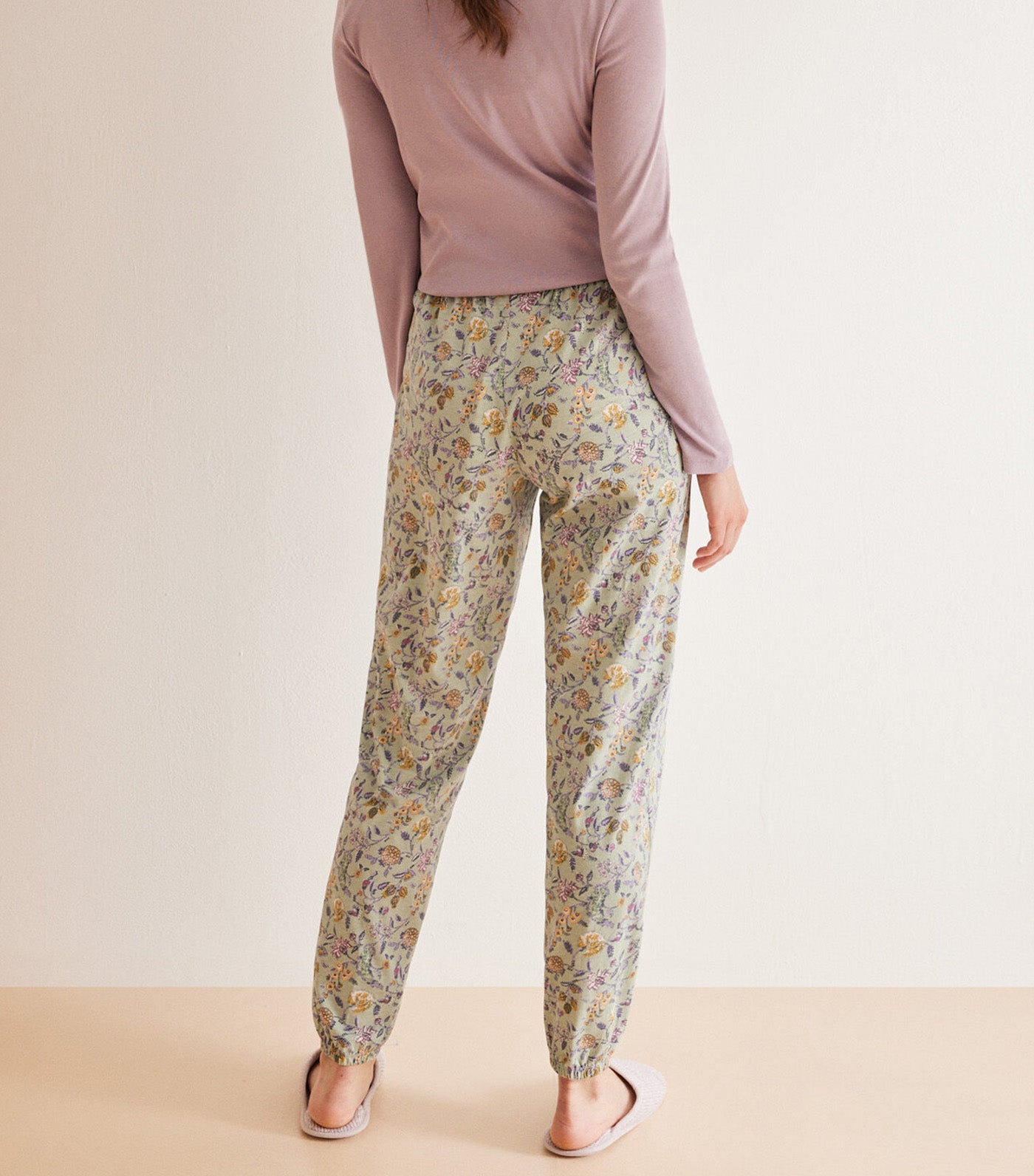 Long Cotton Skinny Floral Pajama Pants Green