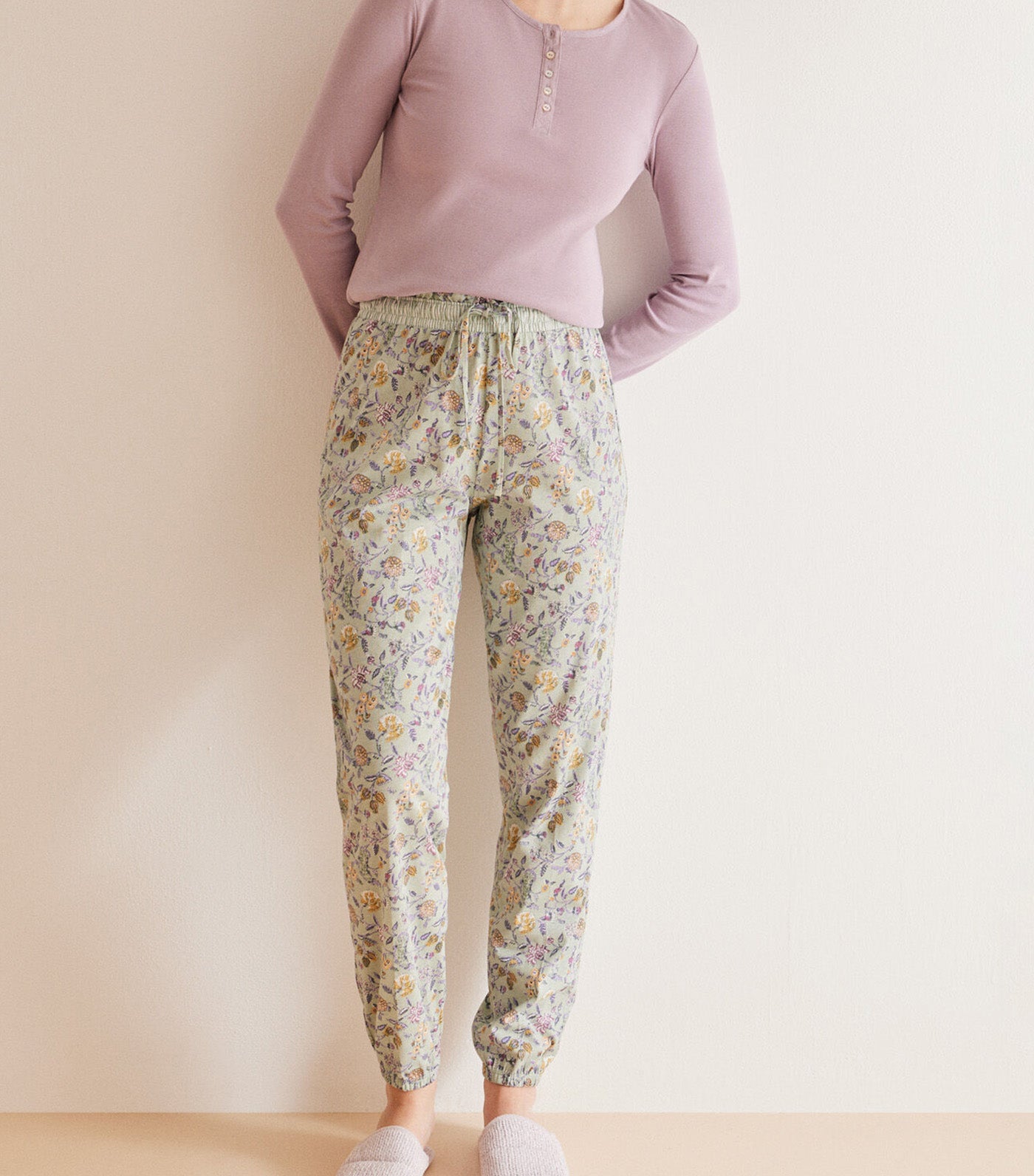 Long Cotton Skinny Floral Pajama Pants Green