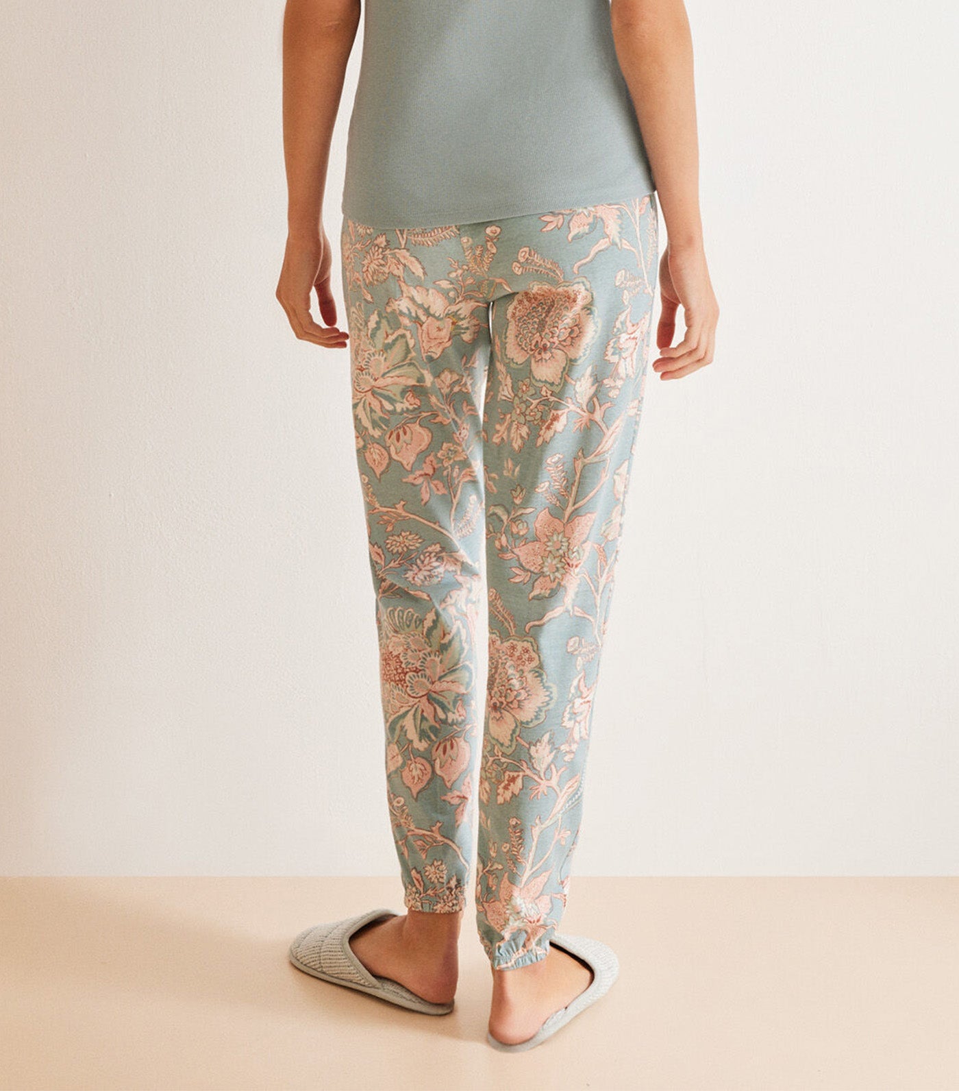 Pajamas in Cotton with Floral Print Bottoms Blue