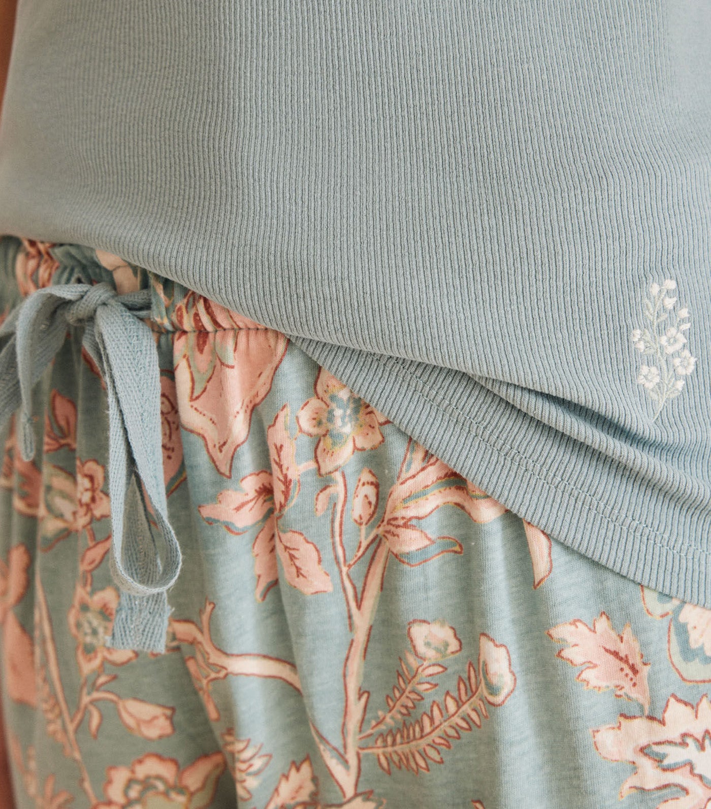 Pajamas in Cotton with Floral Print Bottoms Blue