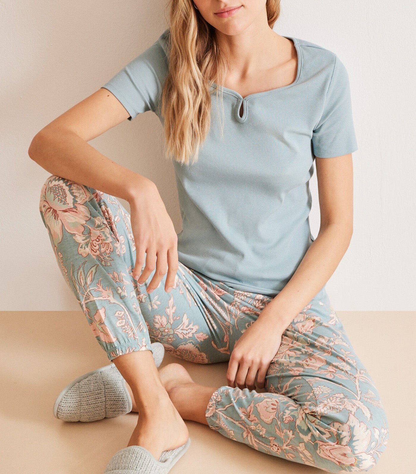 Pajamas in Cotton with Floral Print Bottoms Blue