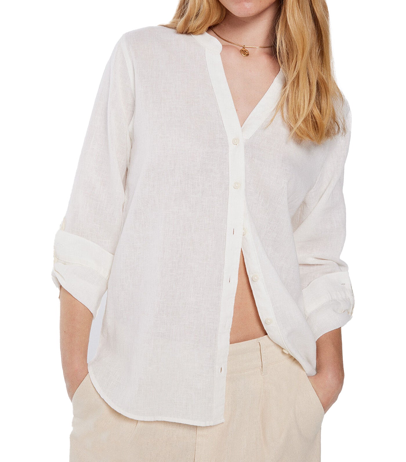 Cotton Linen Mandarin Collar Shirt White