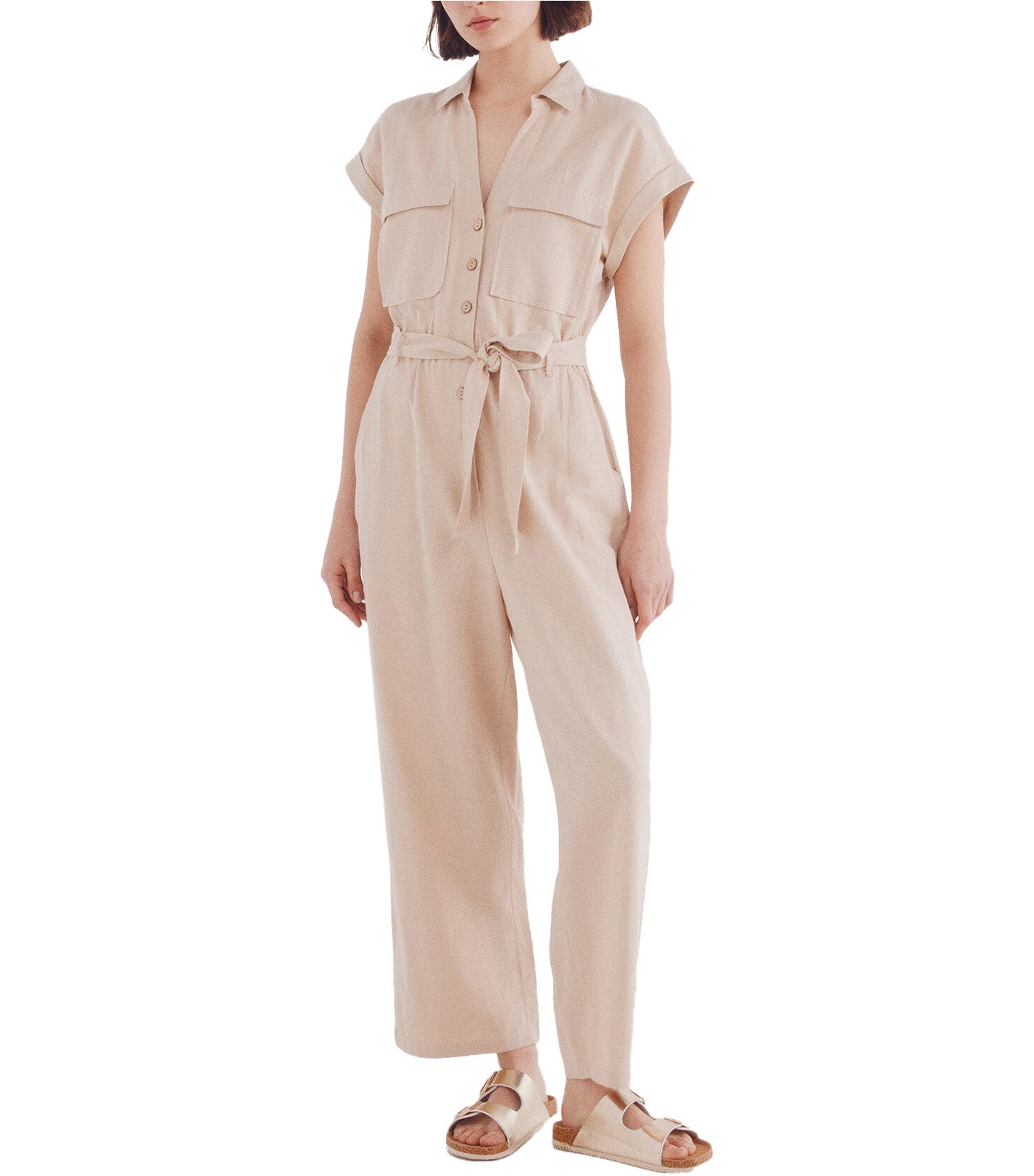 Long Cotton Linen Jumpsuit Tan Print
