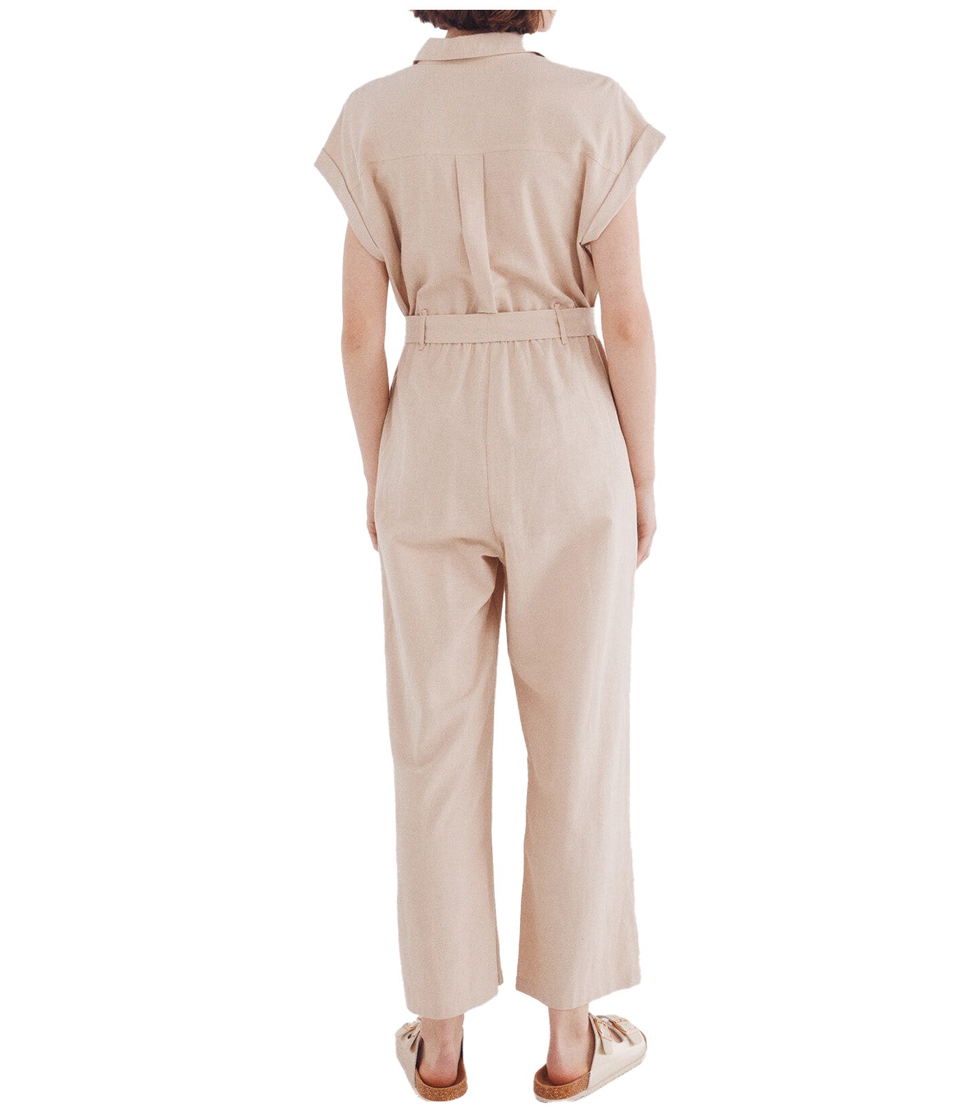 Long Cotton Linen Jumpsuit Tan Print
