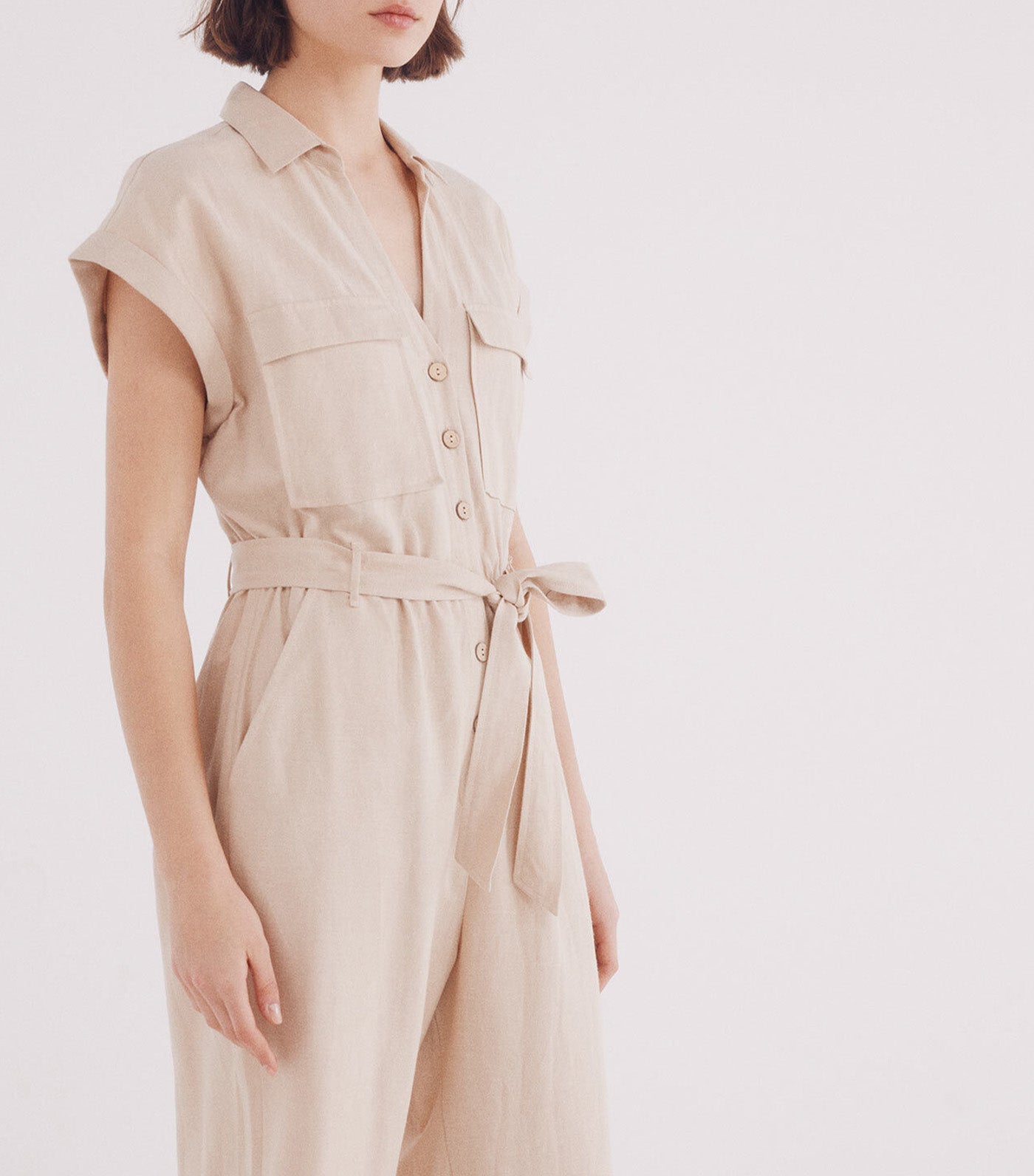 Long Cotton Linen Jumpsuit Tan Print