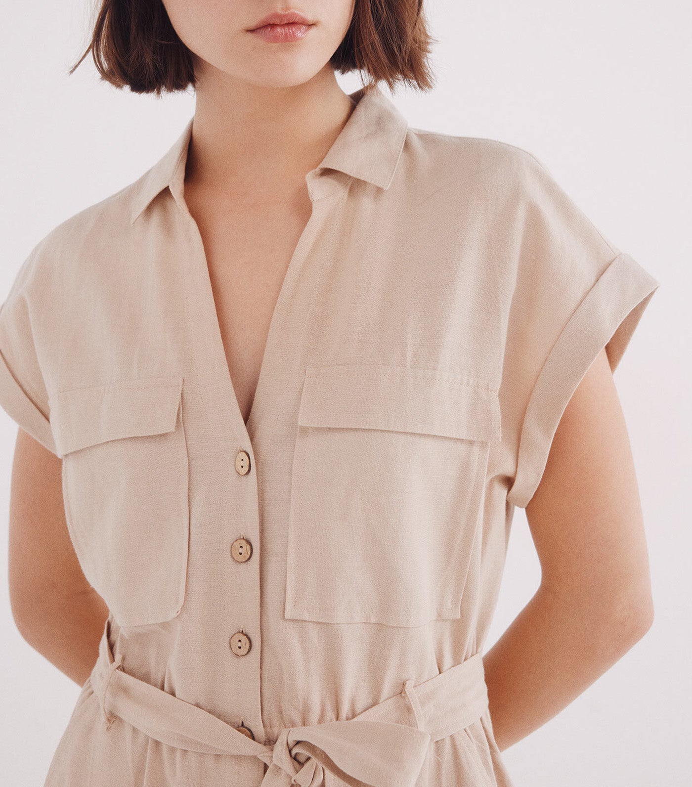 Long Cotton Linen Jumpsuit Tan Print