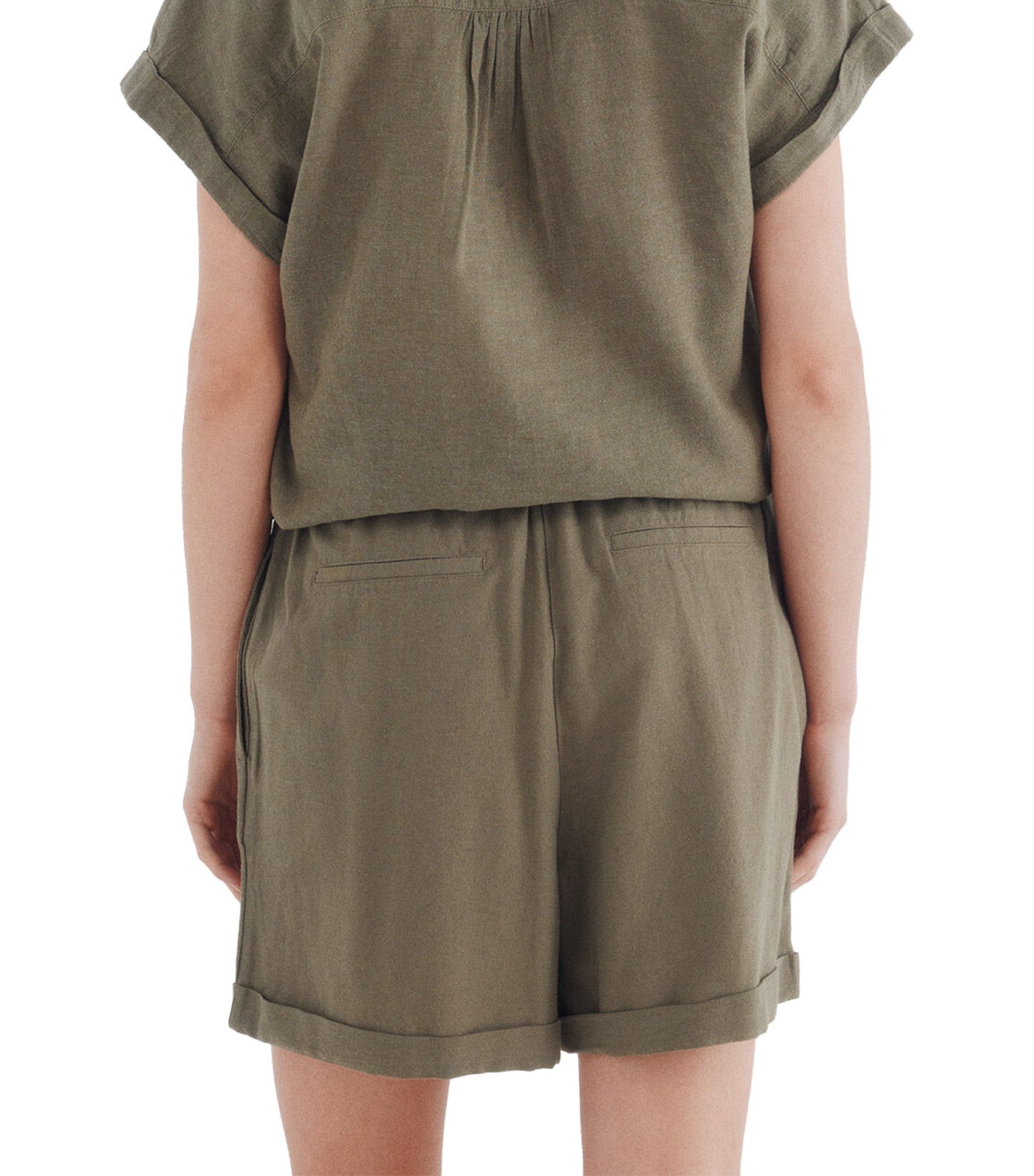 Short Elastic Waist Cotton Linen Dark Khaki