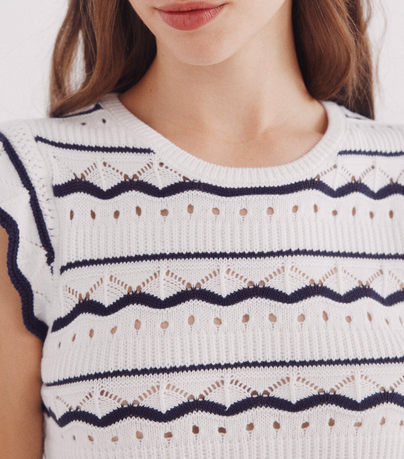 Pointelle Knitted Top with Borders Beige
