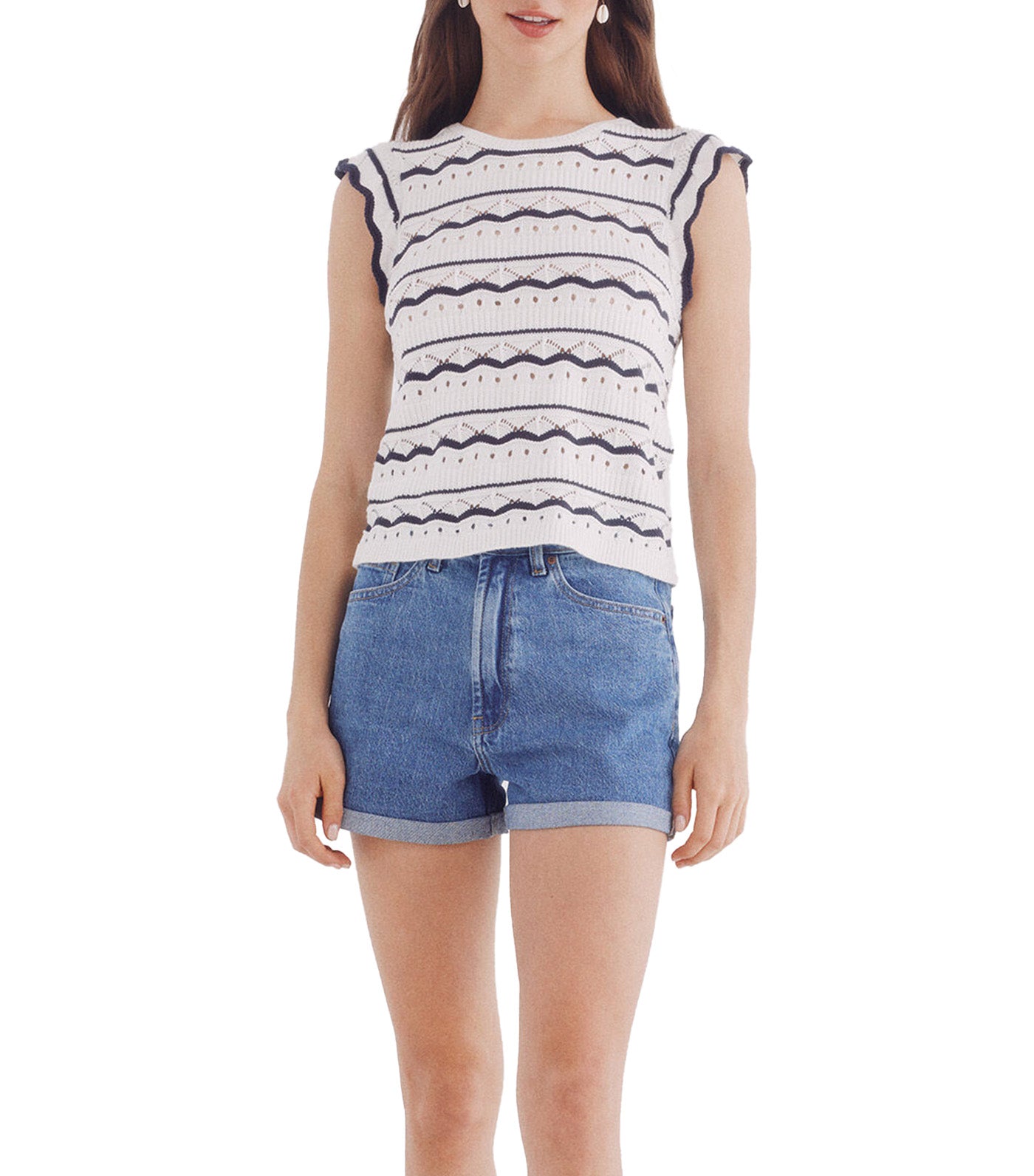 Pointelle Knitted Top with Borders Beige