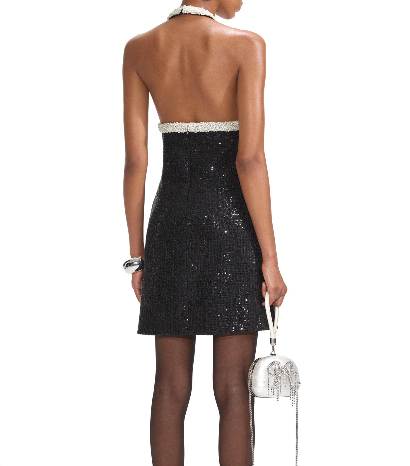 Boucle Pearl Trim Mini Dress Black