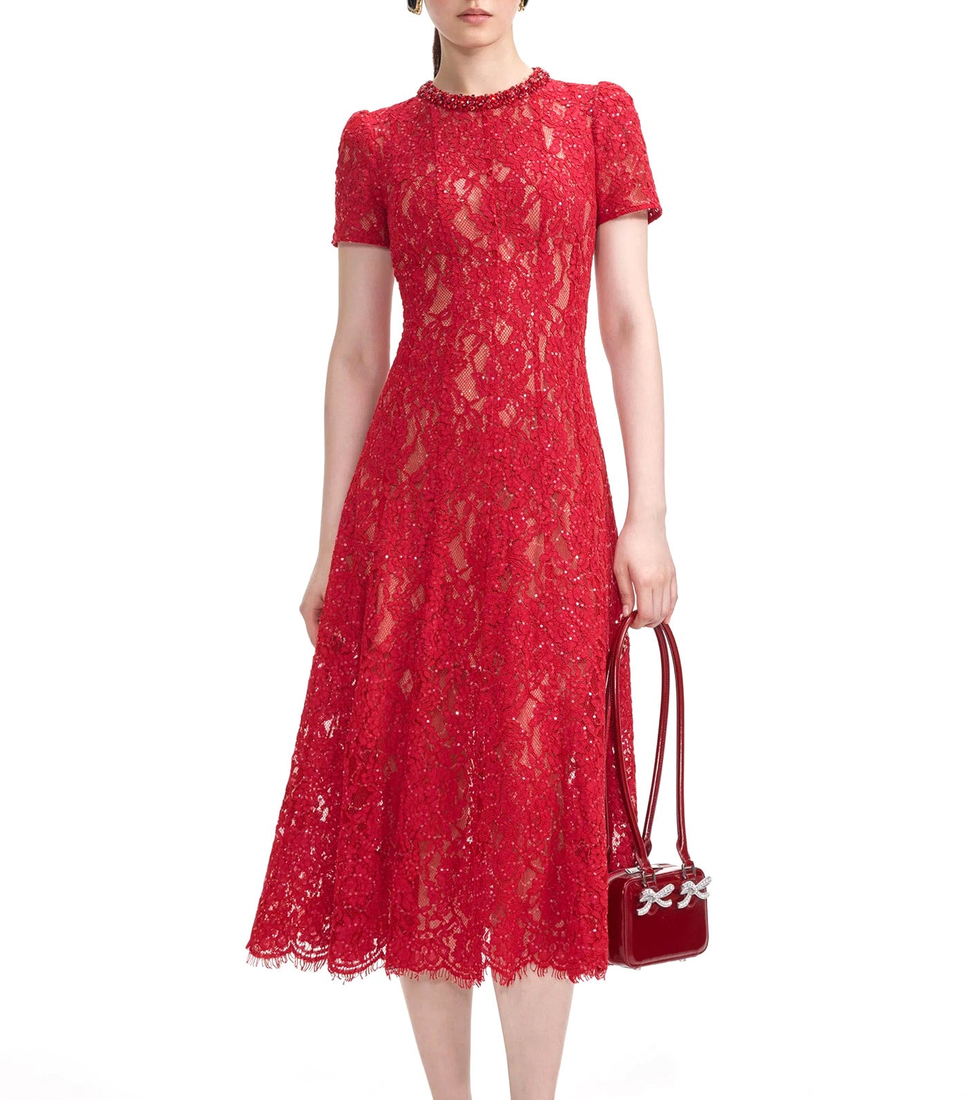 Sequin Lace Midi Dress Red