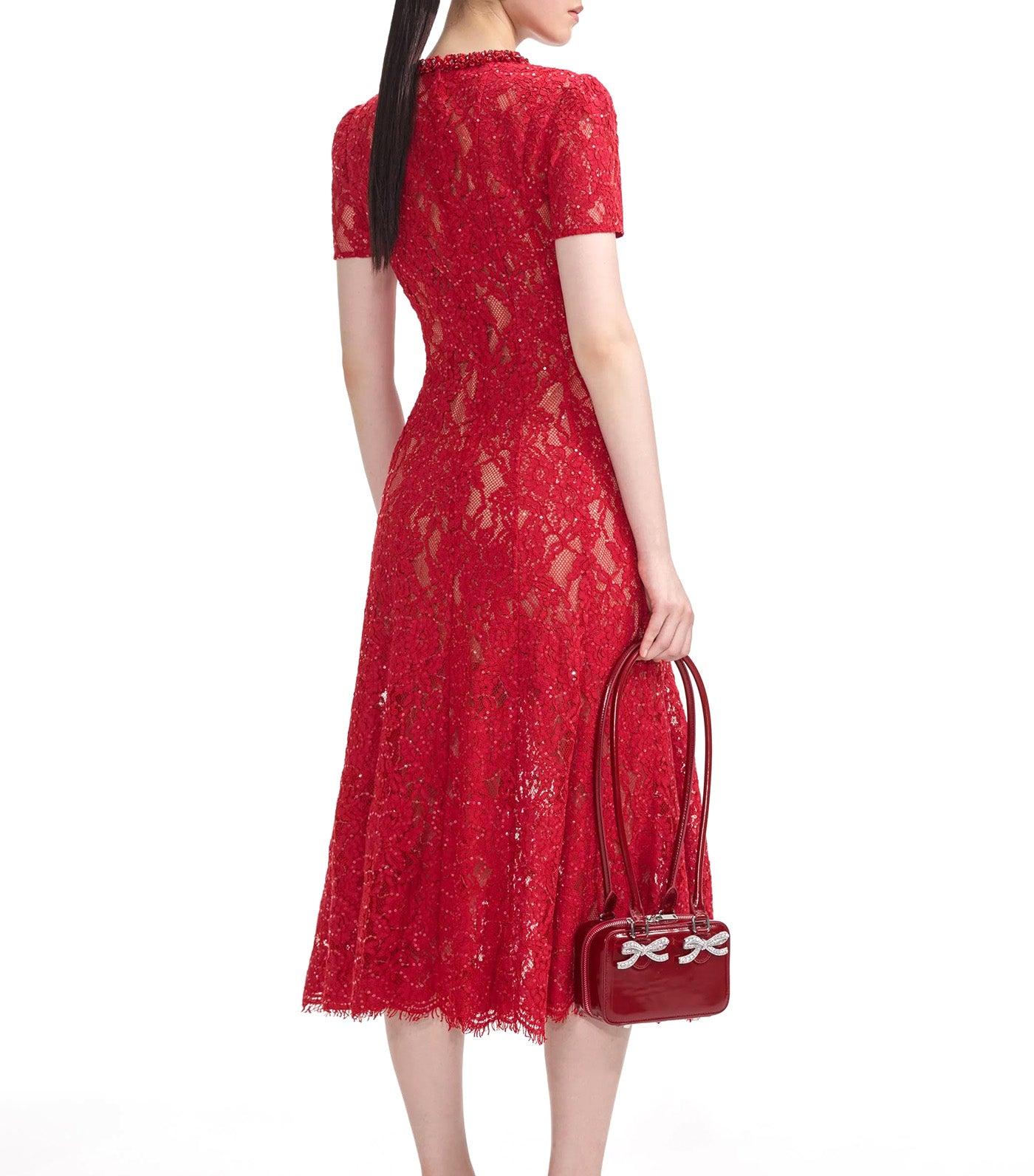Sequin Lace Midi Dress Red