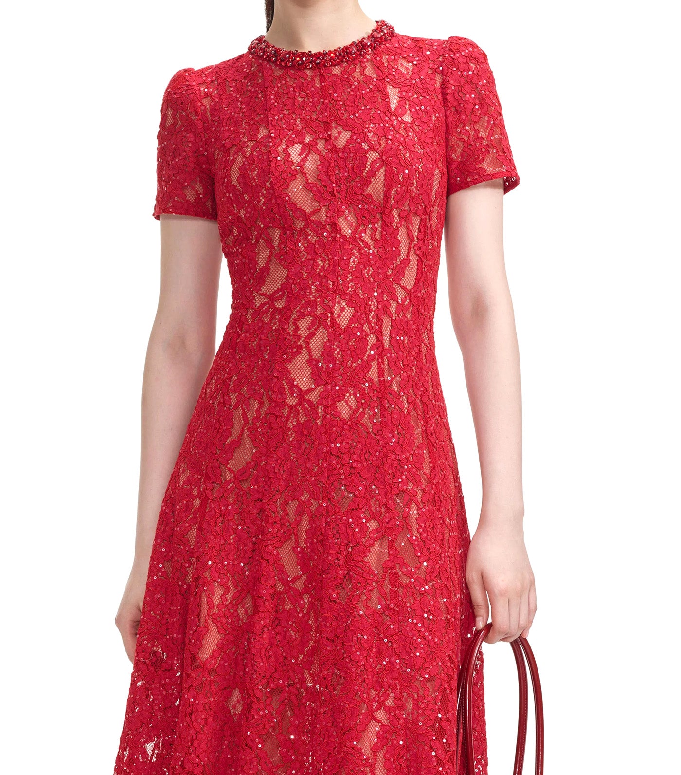 Sequin Lace Midi Dress Red