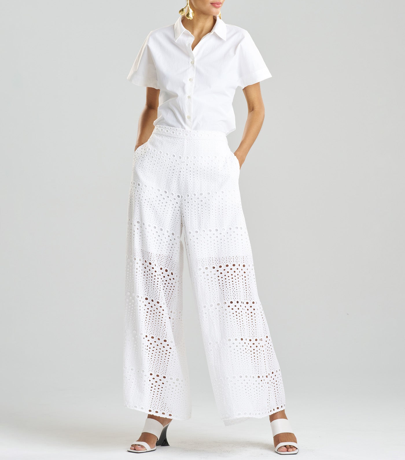 Round Eyelet Pants White