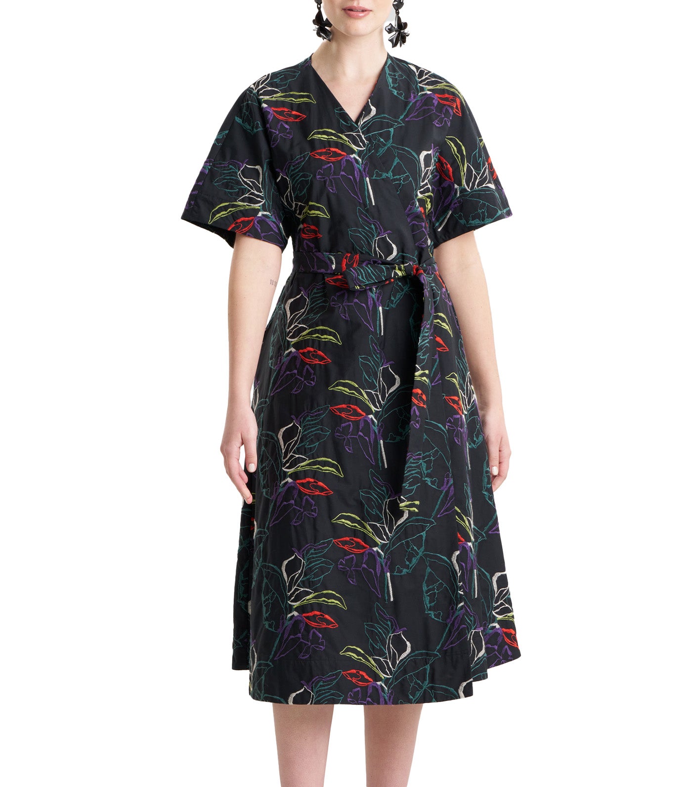 Yoru Embroidered Cotton Poplin Kimono Wrap Dress Black Deep Orchid