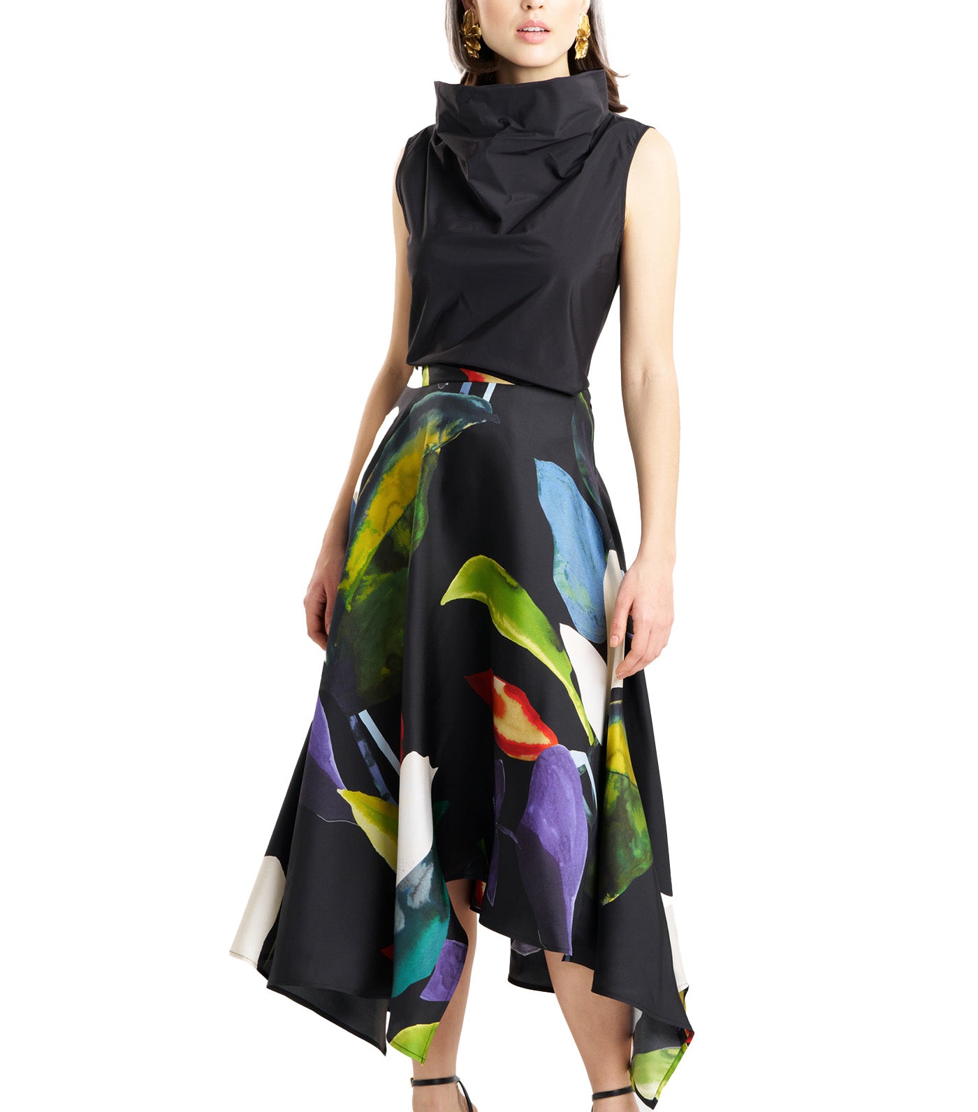 Yoru Silk Twill Origami Maxi Skirt Black Deep Orchid