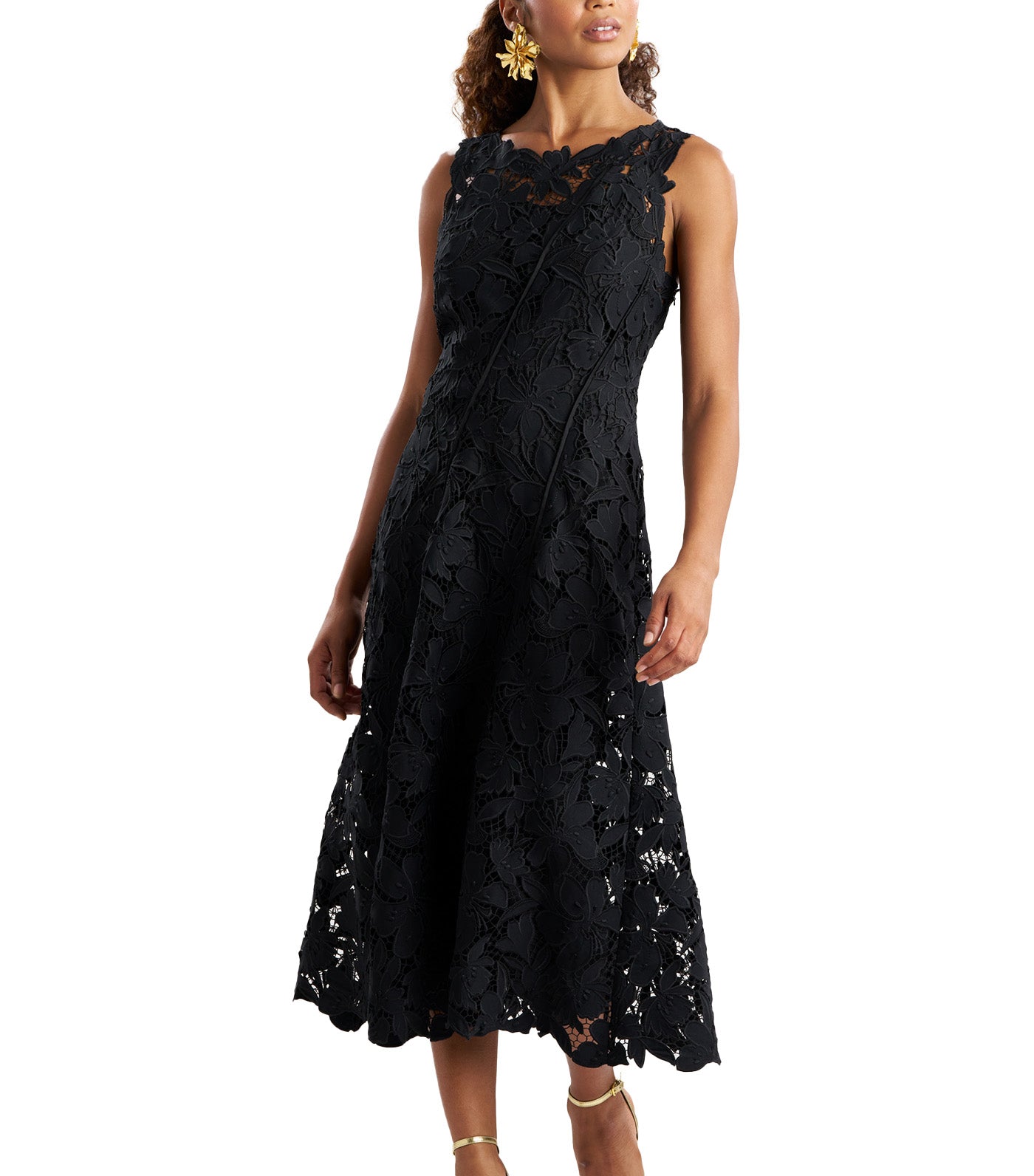 Peony Floral Lace Asymmetric Seam Dress Black