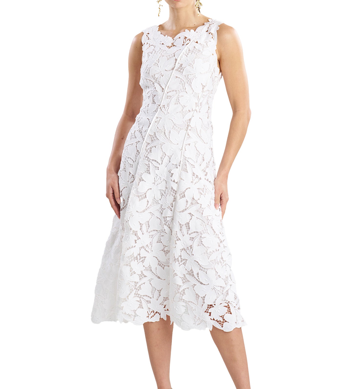Natori Ready-To-Wear Peony Floral Lace Asymmetric Seam Dress White