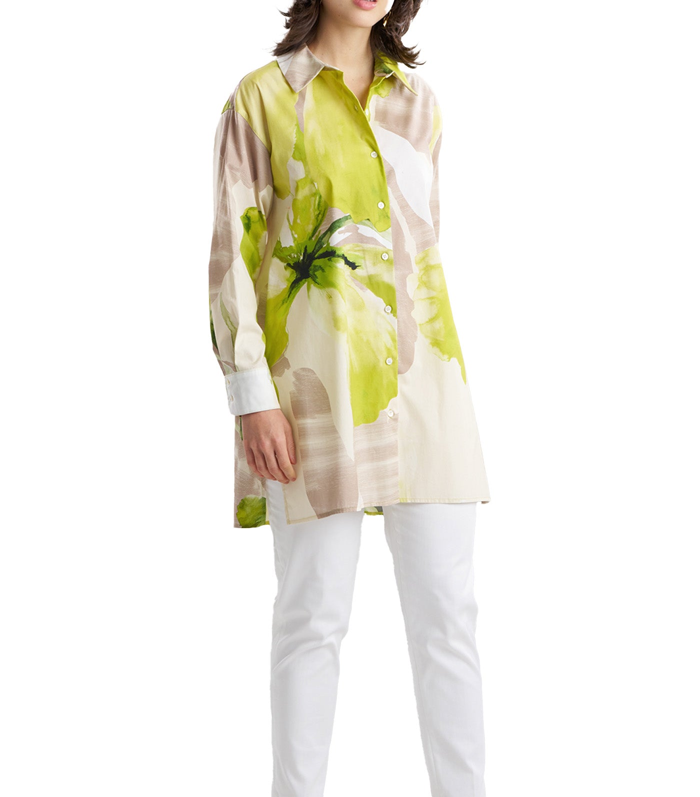 Natori Ready-To-Wear Orchid Cotton Poplin Oversized Button Down Shirt Chartreuse