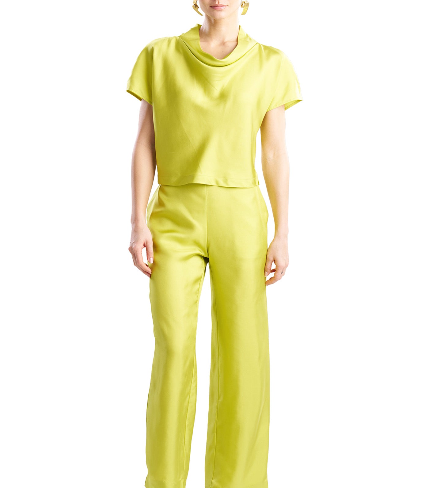Natori Ready-To-Wear Solid Silk Twill Cowl Neck Top Chartreuse