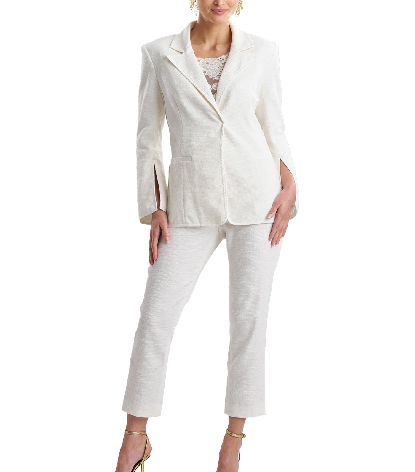 Natori Ready-To-Wear Stretch Basketweave Cotton Slit Cuffed Jacket White